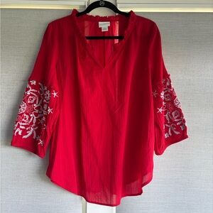 Liz Claiborne Red Blouse with White Embroidery